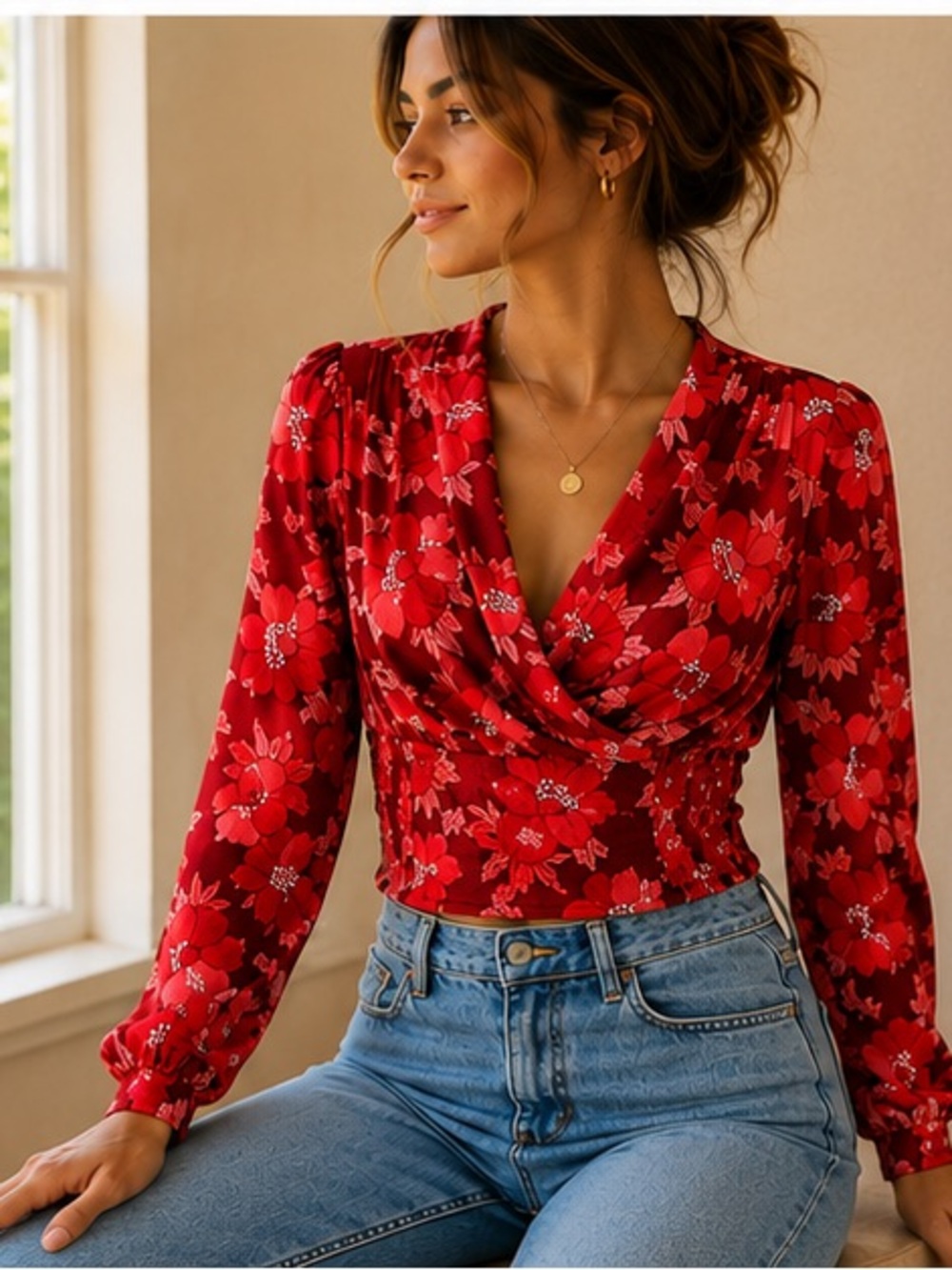 ROLLA'S Red Floral Cowl Neck Long Sleeve Blouse